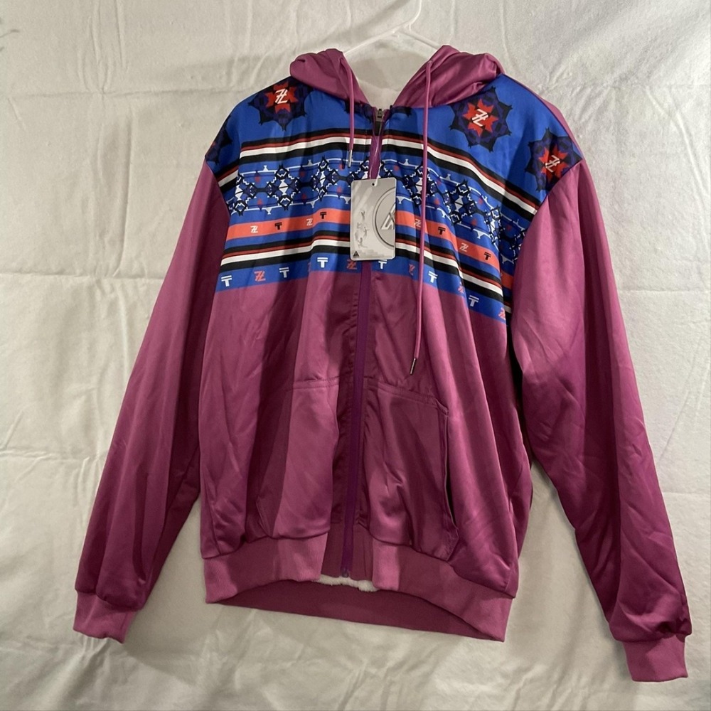Hoodie Jacket Womens XL Pink Geometric Full Zip‎ Sherpa Lined Fleece Hooded Cozy